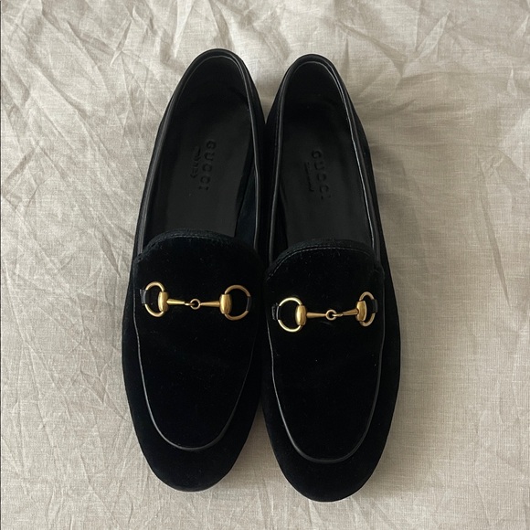 Gucci Black Velvet Loafers with Gold Accents - Picture 1 of 12